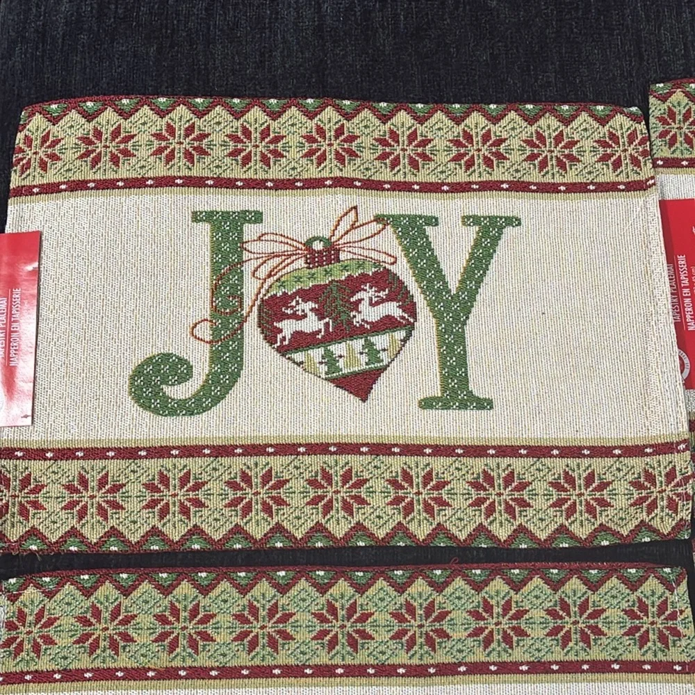 NWT- Set of 4- Cream- Red & Green JOY Ornament Holiday Tapestry Placemats 13x18